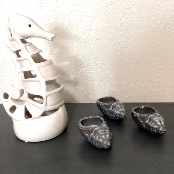 Glazed Ceramic Conch Seashell Tea Light Candle Holder Trio Tan And Dusty Blue - Picture 2 of 11